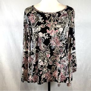 SJS navy and pink puff floral print long bell sleeve top size large